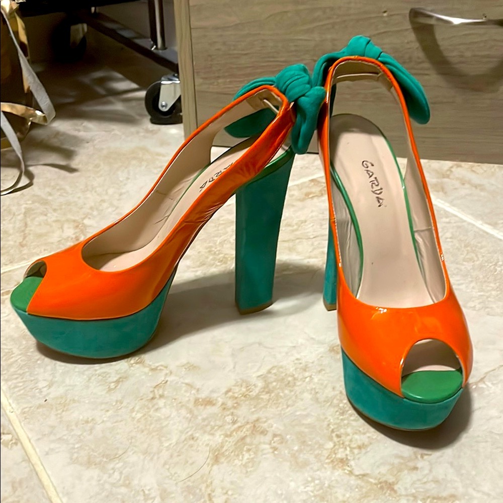 Women's Orange and Green Peep Toe Heels